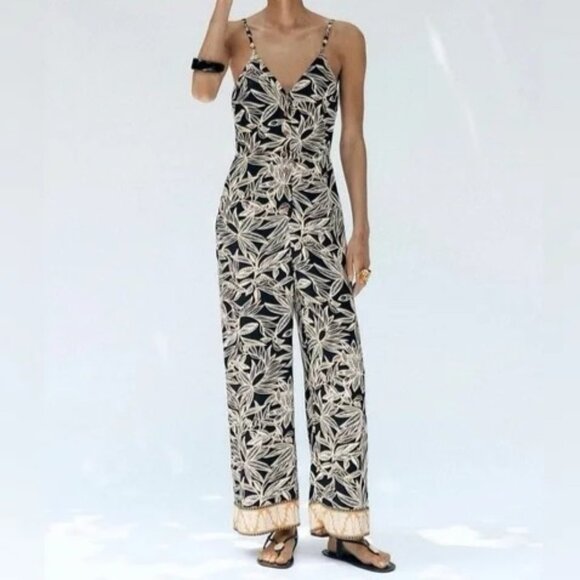 Zara Pants - Zara Womens Large Sleeveless Maxi Dress Linen Blend Black White Leaf Print Chic